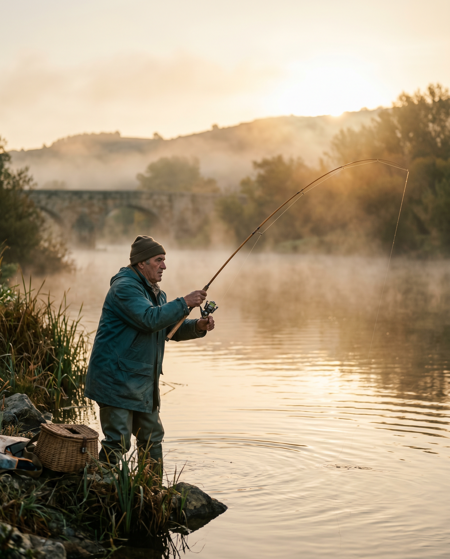 Pescador al amanecer lanzando la caña en la orilla de un río