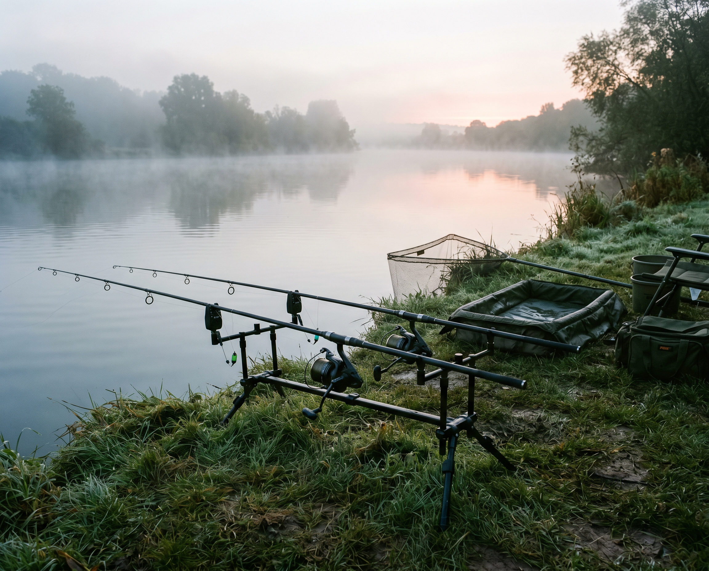 Equipo de carpfishing con dos cañas en pod al amanecer